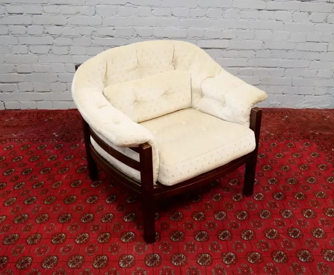 Armchair, dark brown rosewood, beige plush, by A. Norell, Vatne Møbler, Norway, 1960s - 19445