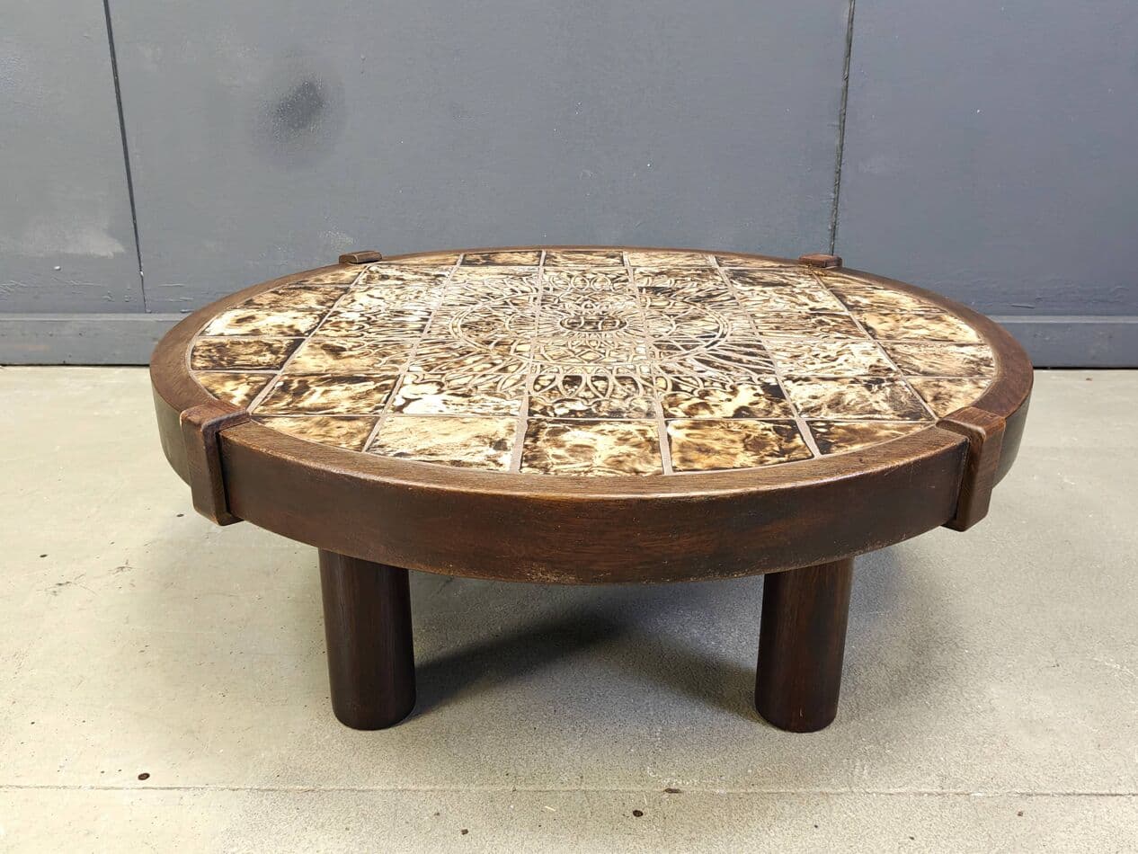 Round coffee table Vallauris, brown ceramic, brown wood, Barrois, France, 1960s. - 269788
