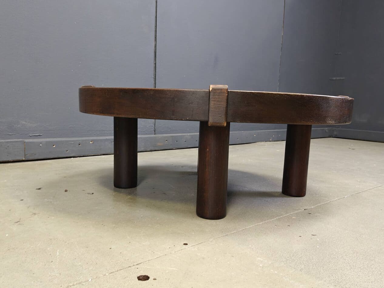 Round coffee table Vallauris, brown ceramic, brown wood, Barrois, France, 1960s. - 269784