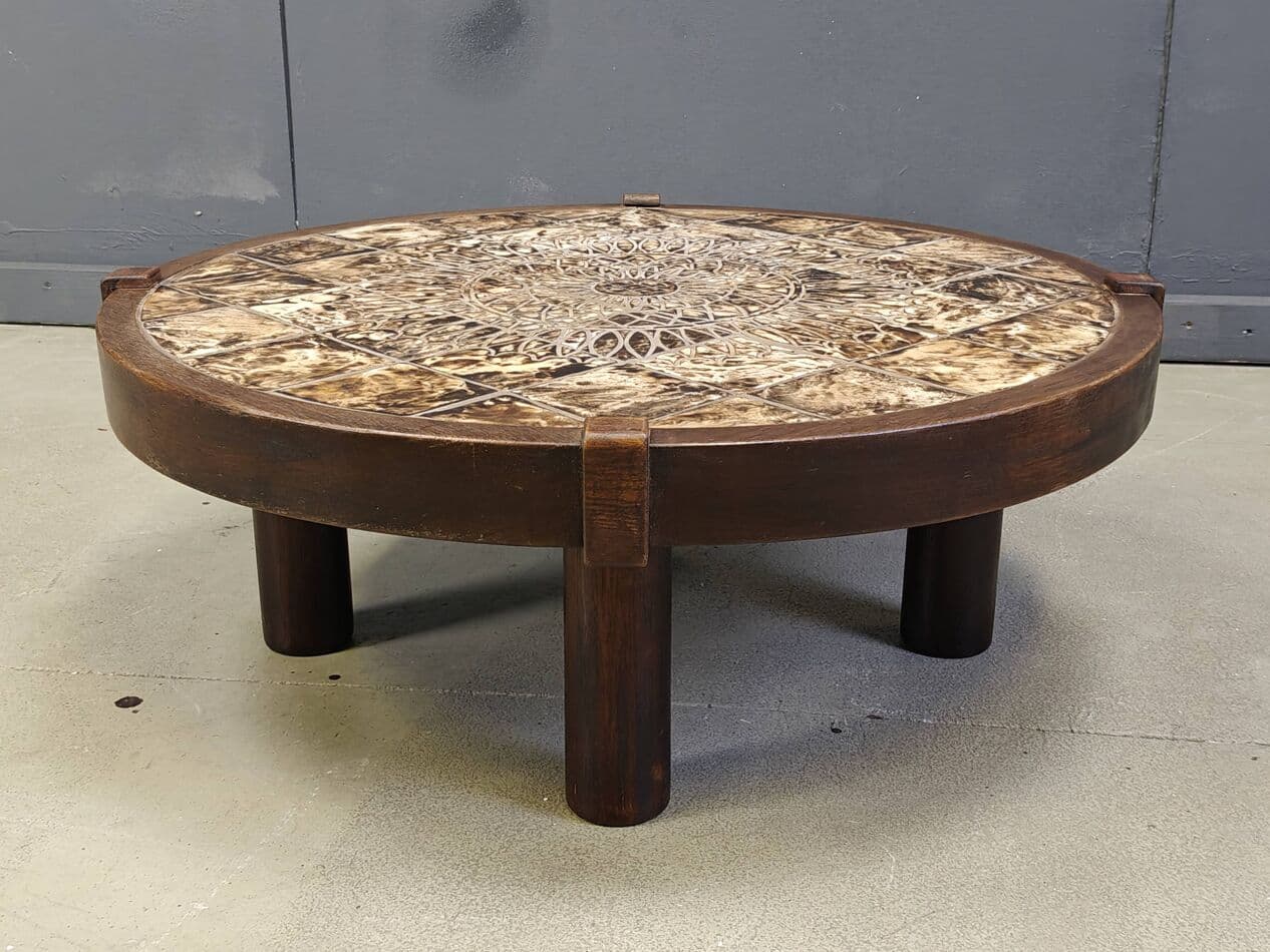 Round coffee table Vallauris, brown ceramic, brown wood, Barrois, France, 1960s. - 269781