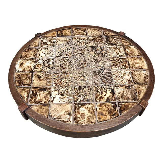 Round coffee table Vallauris, brown ceramic, brown wood, Barrois, France, 1960s. - DIMENSION