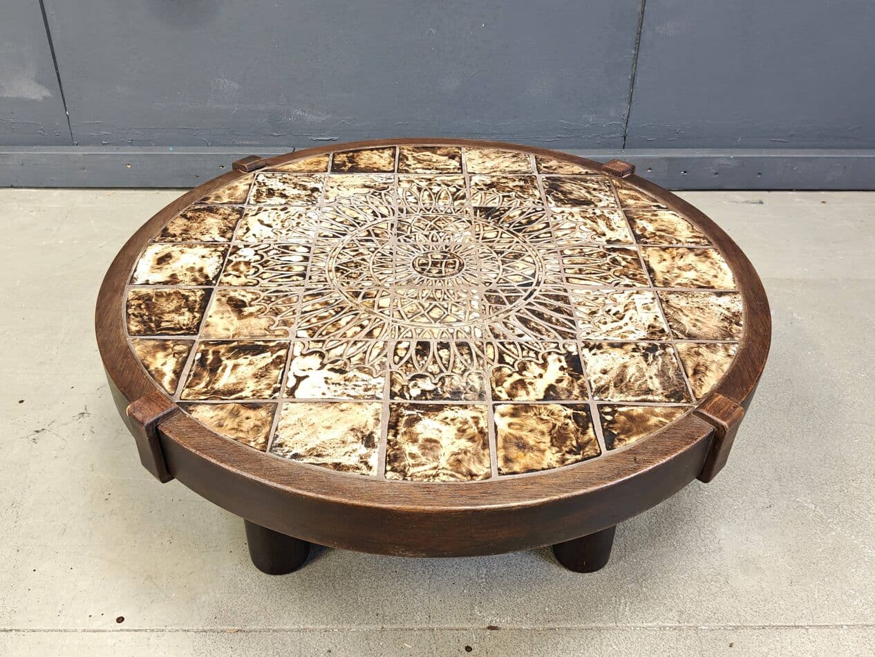 Round coffee table Vallauris, brown ceramic, brown wood, Barrois, France, 1960s. - 269779