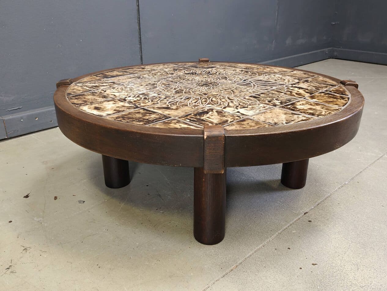 Round coffee table Vallauris, brown ceramic, brown wood, Barrois, France, 1960s. - 269785