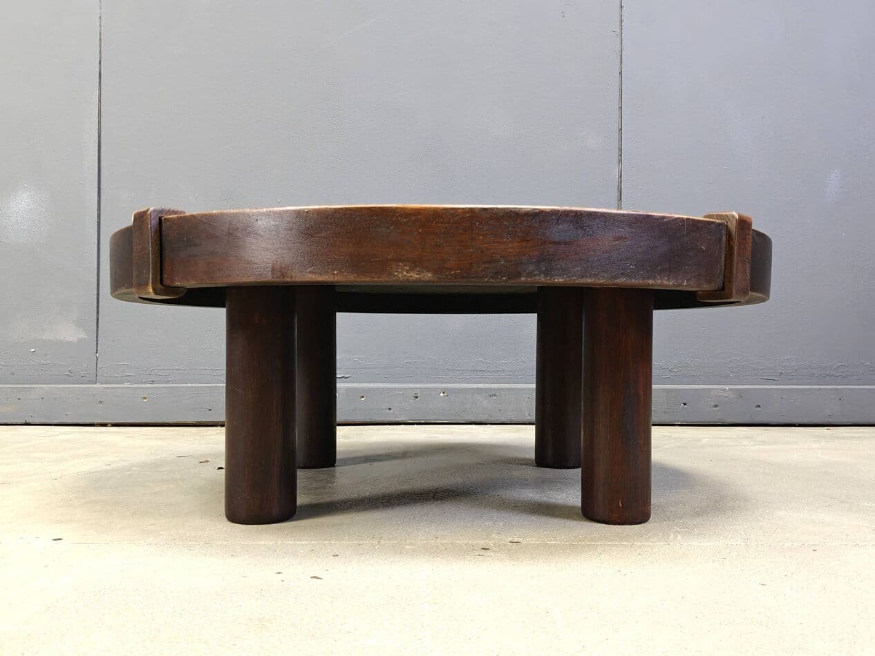 Round coffee table Vallauris, brown ceramic, brown wood, Barrois, France, 1960s. - 269787