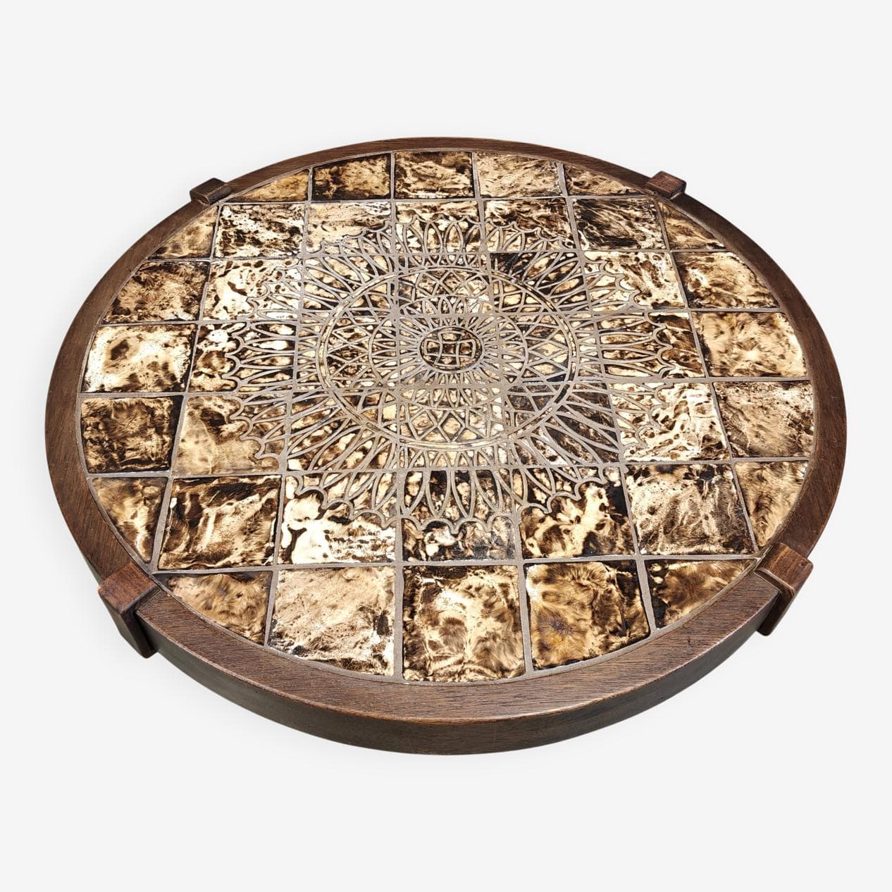 Round coffee table Vallauris, brown ceramic, brown wood, Barrois, France, 1960s. - 269780