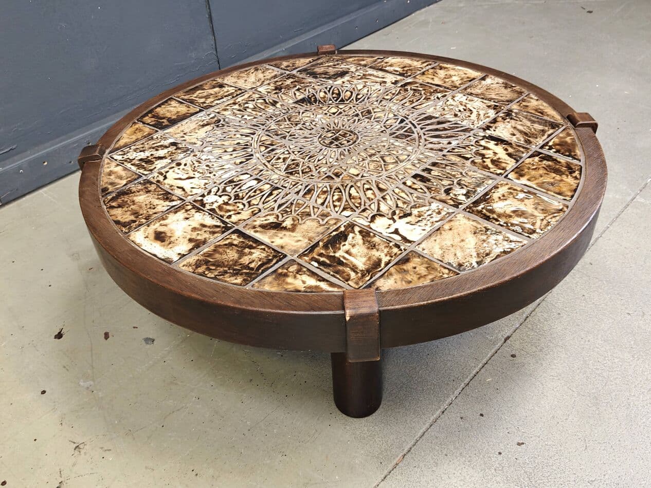 Round coffee table Vallauris, brown ceramic, brown wood, Barrois, France, 1960s. - 269786