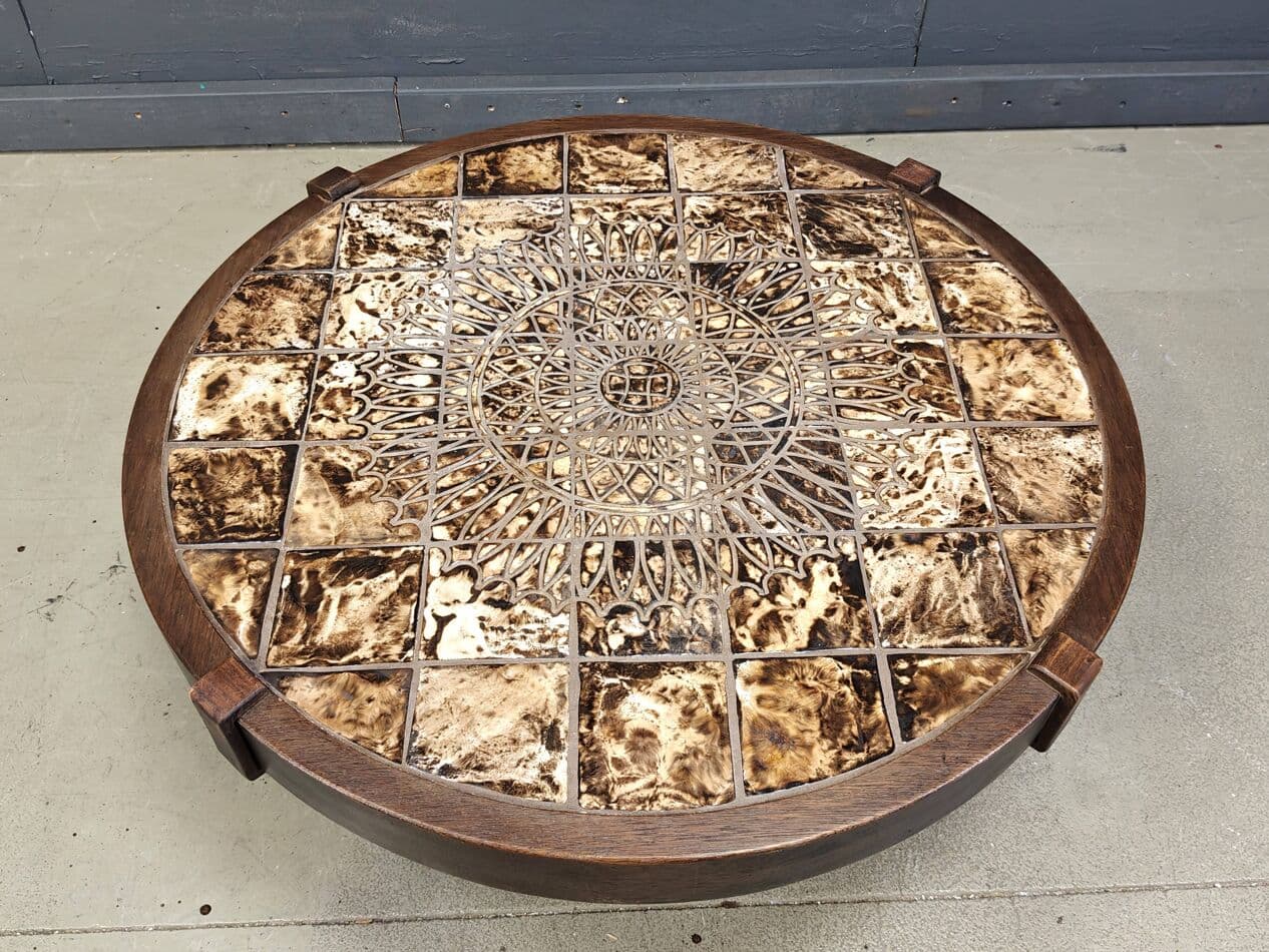 Round coffee table Vallauris, brown ceramic, brown wood, Barrois, France, 1960s. - 269778