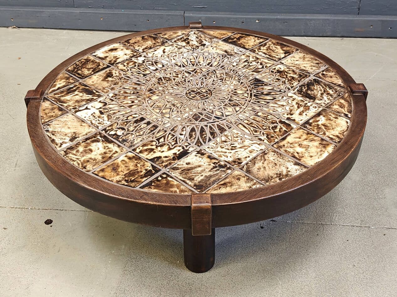 Round coffee table Vallauris, brown ceramic, brown wood, Barrois, France, 1960s. - 269782