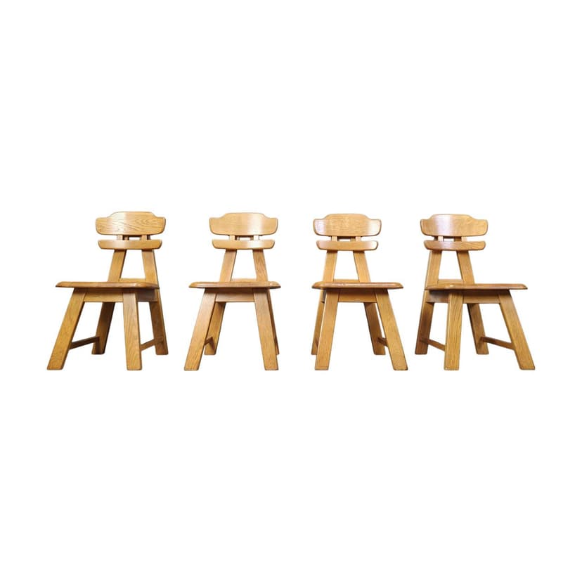 Set of four brutalist dining chairs, brown oak, Netherlands, 1960s.