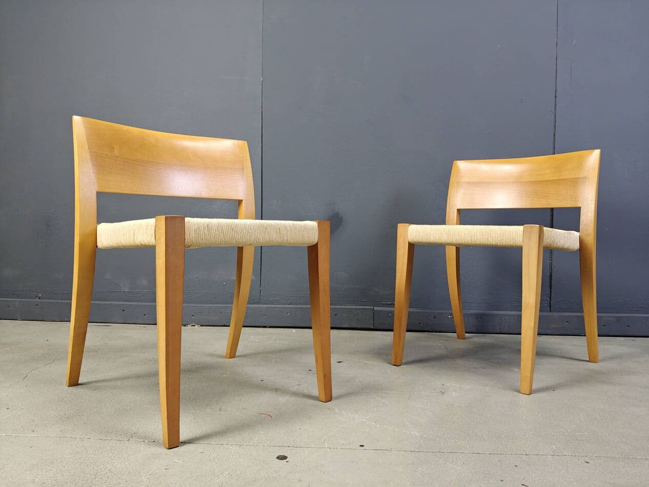 Set of eight chairs Ticino, brown wood, beige paper cord, by B. Reichlin, Italy, 1980s. - 269720