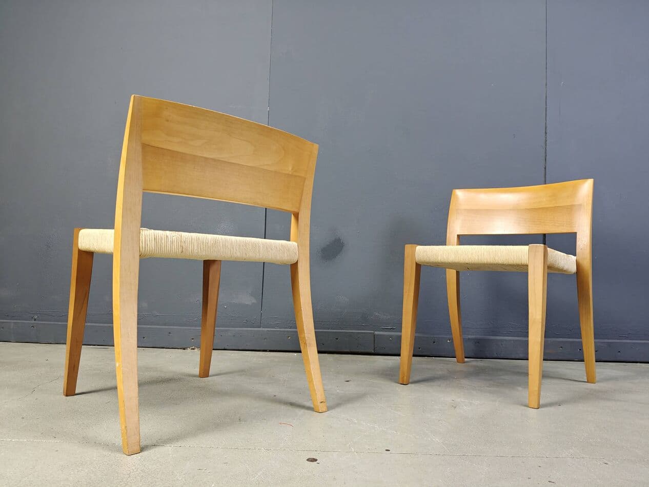Set of eight chairs Ticino, brown wood, beige paper cord, by B. Reichlin, Italy, 1980s. - 269721