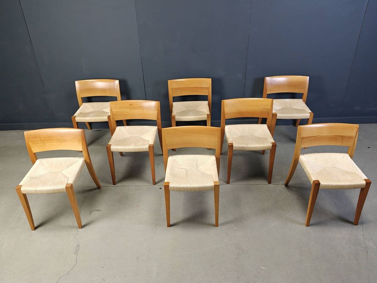 Set of eight chairs Ticino, brown wood, beige paper cord, by B. Reichlin, Italy, 1980s. - 269723