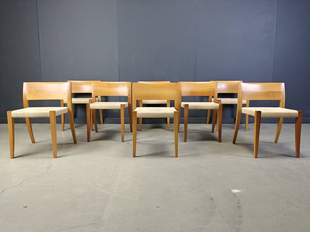 Set of eight chairs Ticino, brown wood, beige paper cord, by B. Reichlin, Italy, 1980s. - 269715