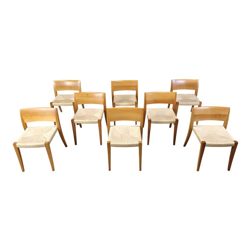 Set of eight chairs Ticino, brown wood, beige paper cord, by B. Reichlin, Italy, 1980s.