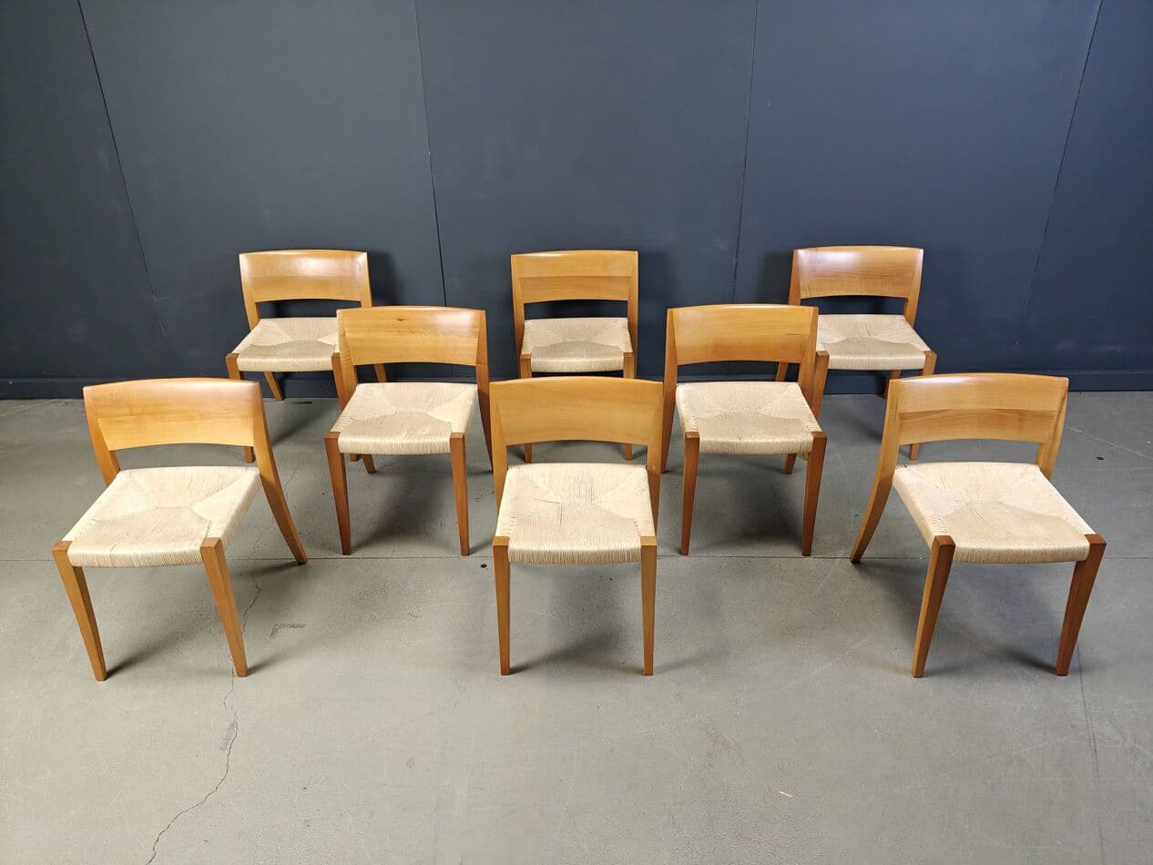 Set of eight chairs Ticino, brown wood, beige paper cord, by B. Reichlin, Italy, 1980s. - 269714