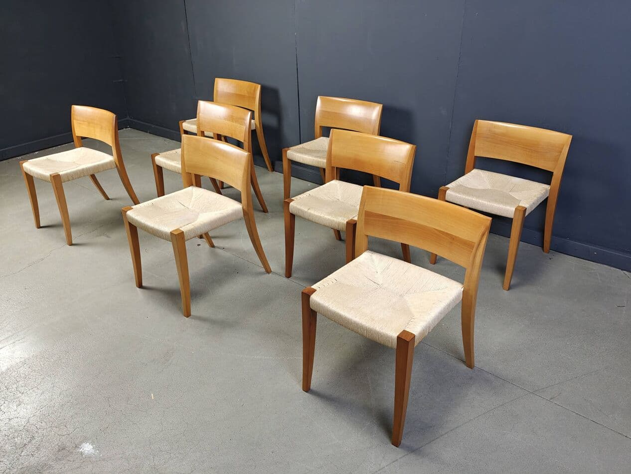 Set of eight chairs Ticino, brown wood, beige paper cord, by B. Reichlin, Italy, 1980s. - 269725