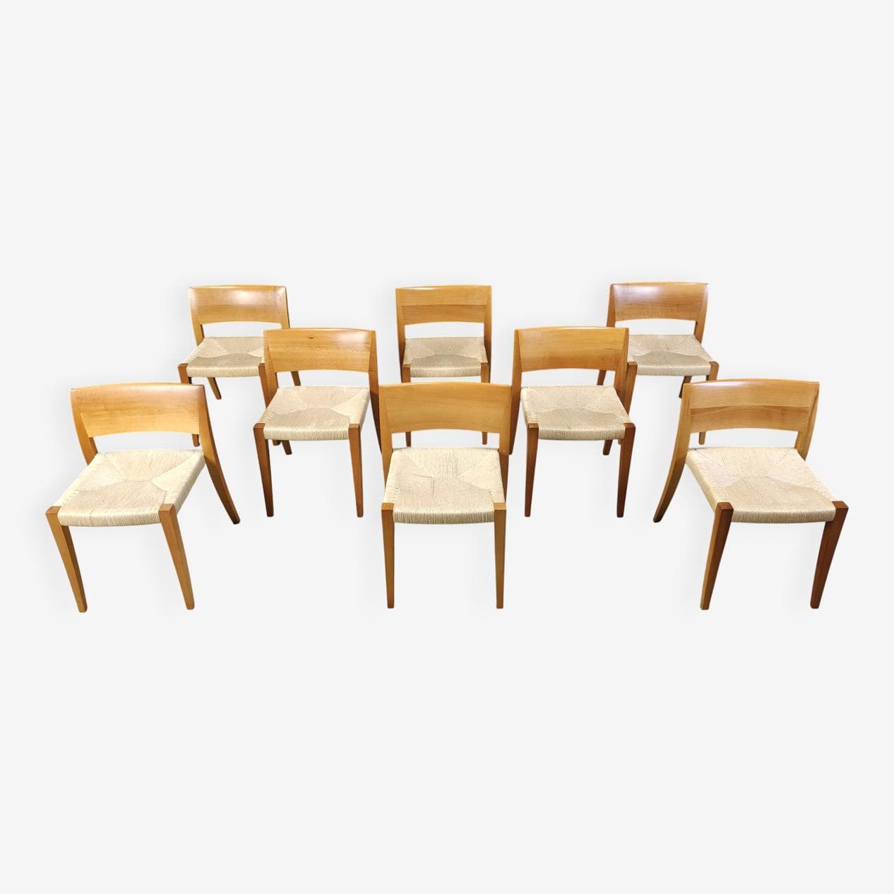 Set of eight chairs Ticino, brown wood, beige paper cord, by B. Reichlin, Italy, 1980s. - 269718