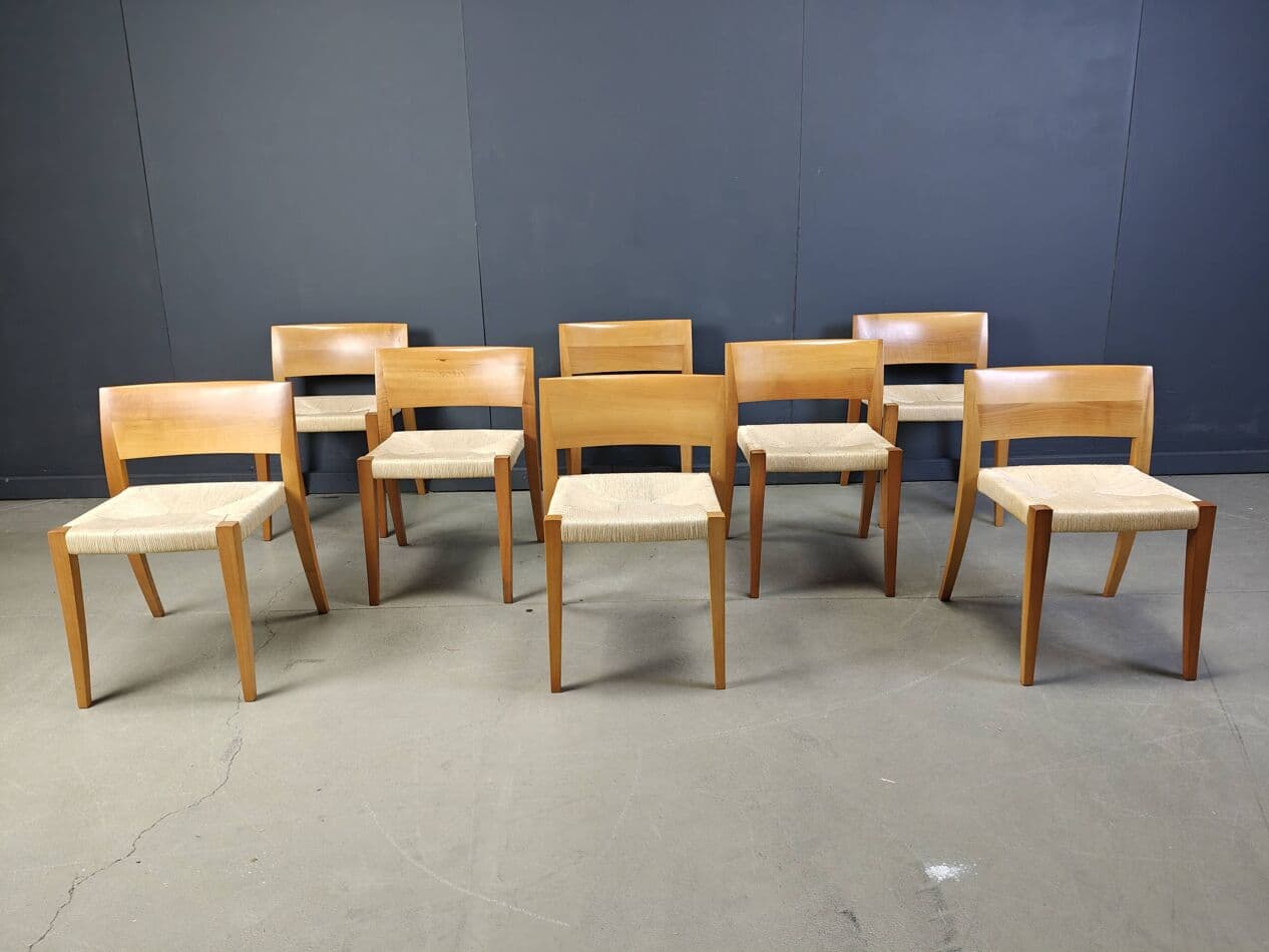 Set of eight chairs Ticino, brown wood, beige paper cord, by B. Reichlin, Italy, 1980s. - 269716