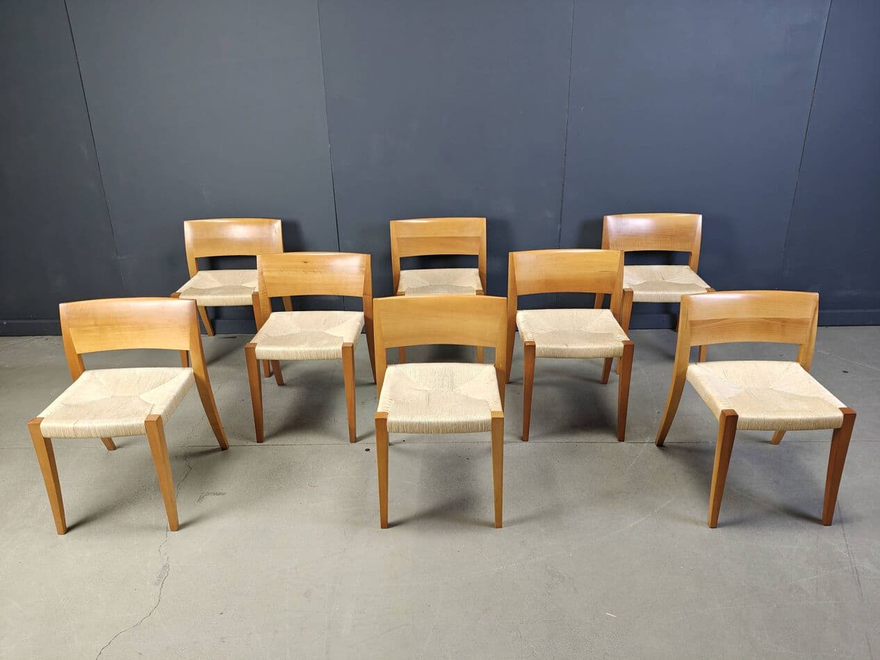 Set of eight chairs Ticino, brown wood, beige paper cord, by B. Reichlin, Italy, 1980s. - 269717