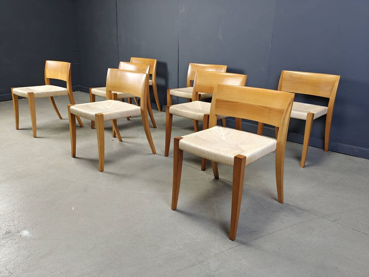 Set of eight chairs Ticino, brown wood, beige paper cord, by B. Reichlin, Italy, 1980s. - 269724