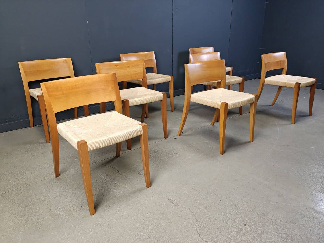 Set of eight chairs Ticino, brown wood, beige paper cord, by B. Reichlin, Italy, 1980s. - 269726