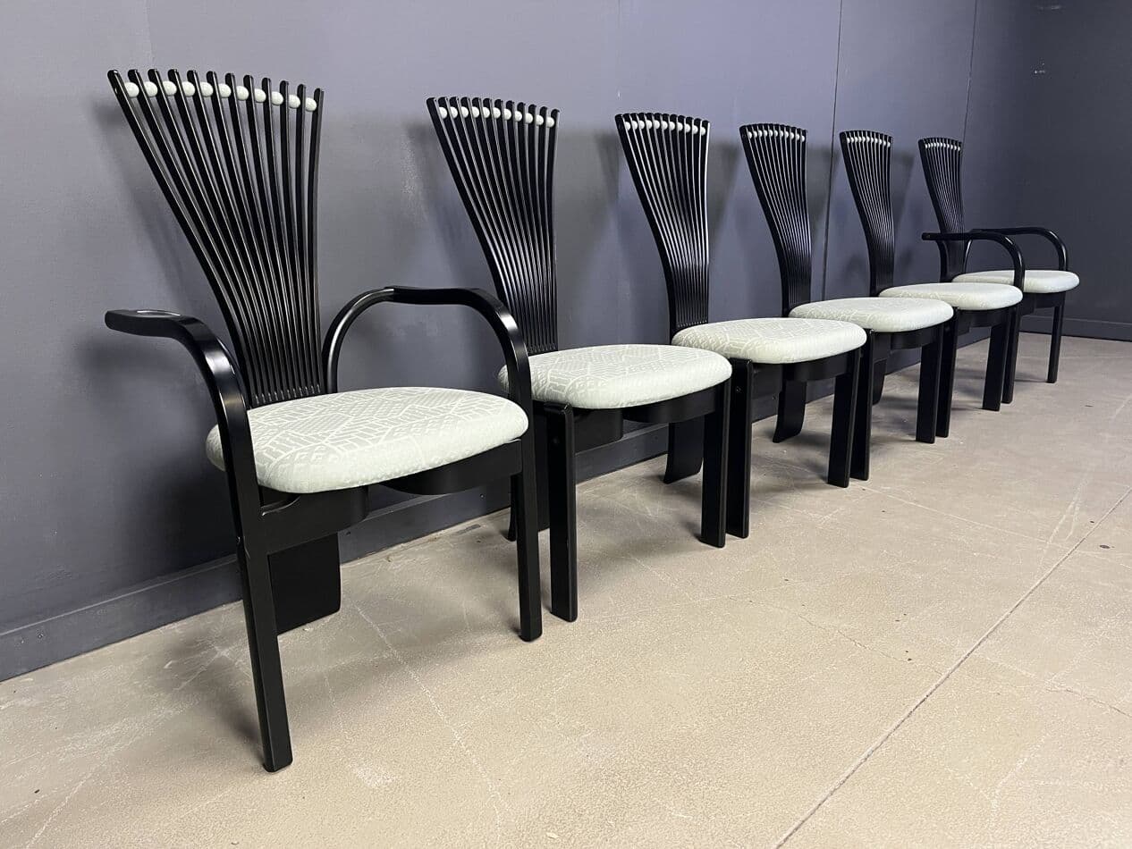 Set of Six Totem Chairs, black wood, mint fabric, Westnofa, Norway, 1980s. - 269689