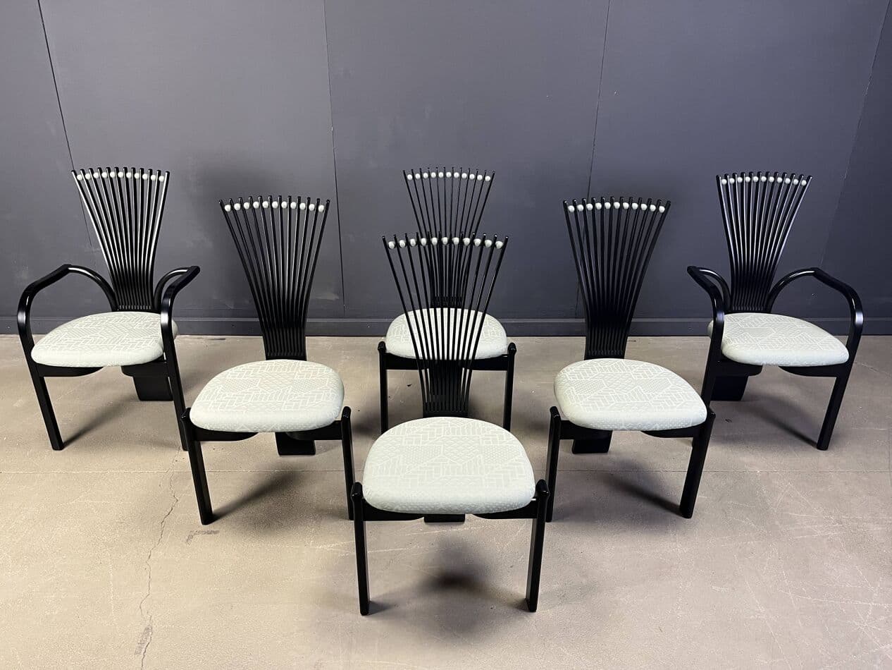 Set of Six Totem Chairs, black wood, mint fabric, Westnofa, Norway, 1980s. - 269688