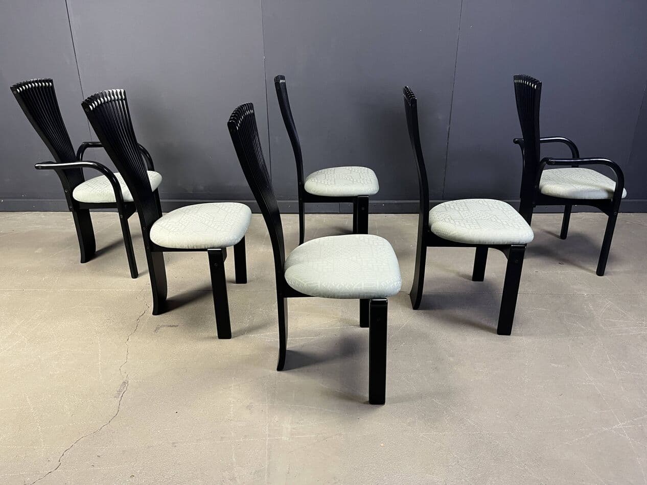 Set of Six Totem Chairs, black wood, mint fabric, Westnofa, Norway, 1980s. - 269698