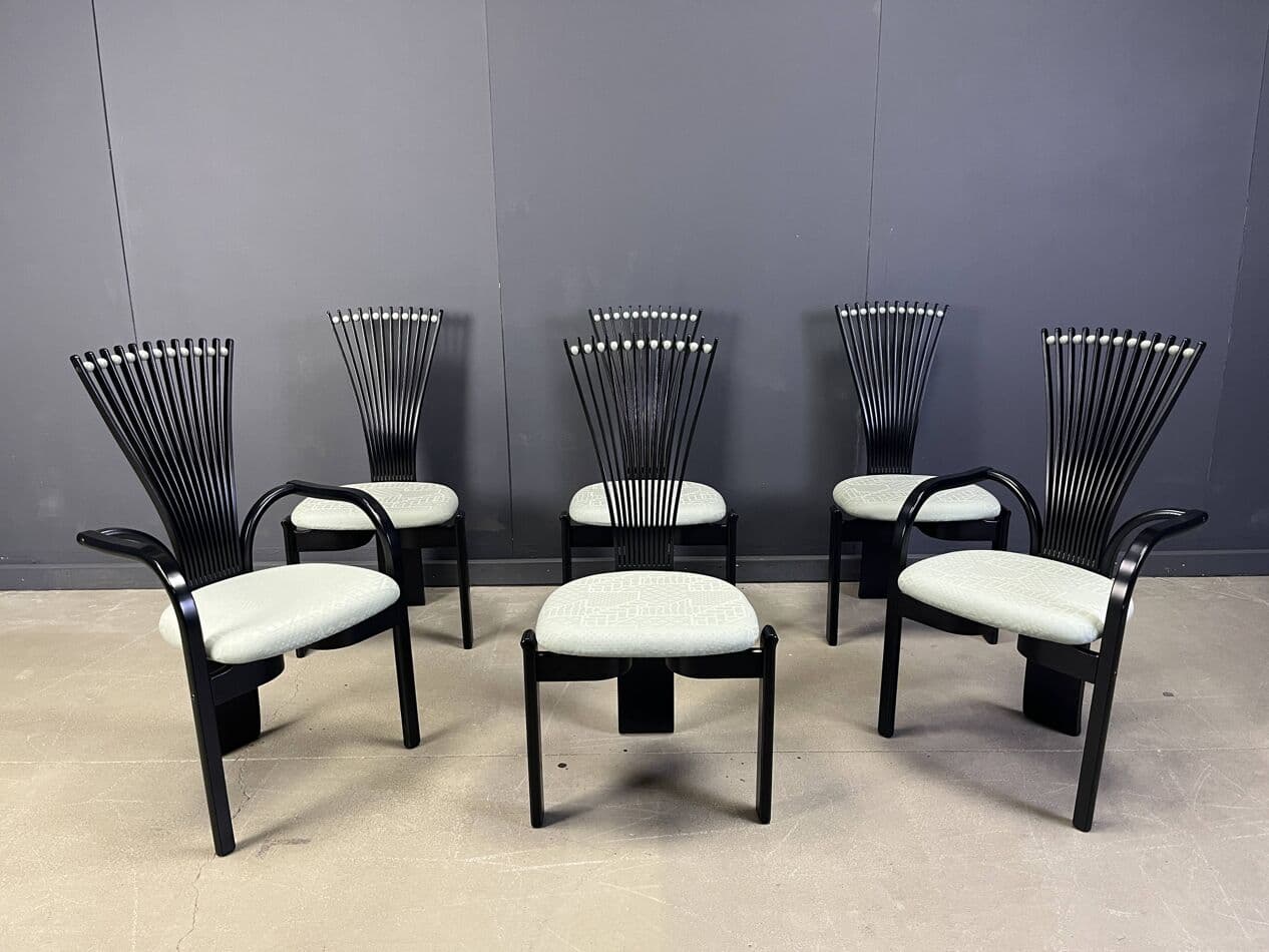Set of Six Totem Chairs, black wood, mint fabric, Westnofa, Norway, 1980s. - 269686