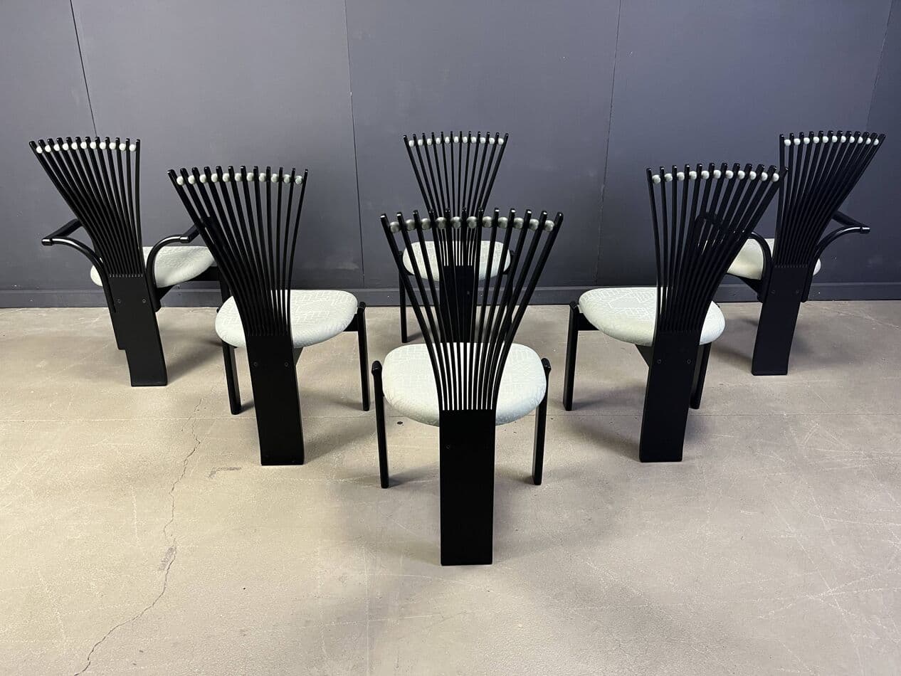 Set of Six Totem Chairs, black wood, mint fabric, Westnofa, Norway, 1980s. - 269697