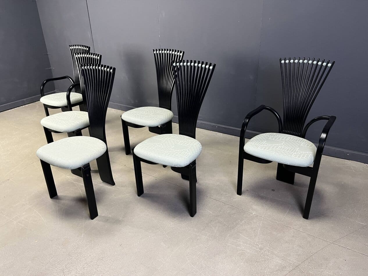 Set of Six Totem Chairs, black wood, mint fabric, Westnofa, Norway, 1980s. - 269687