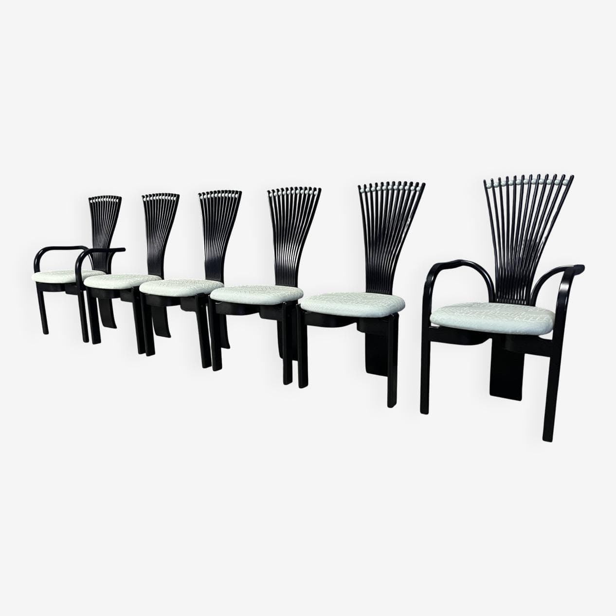 Set of Six Totem Chairs, black wood, mint fabric, Westnofa, Norway, 1980s. - 269691
