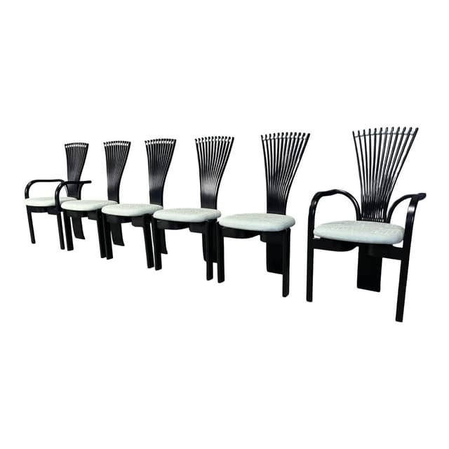 Set of Six Totem Chairs, black wood, mint fabric, Westnofa, Norway, 1980s. - DIMENSION