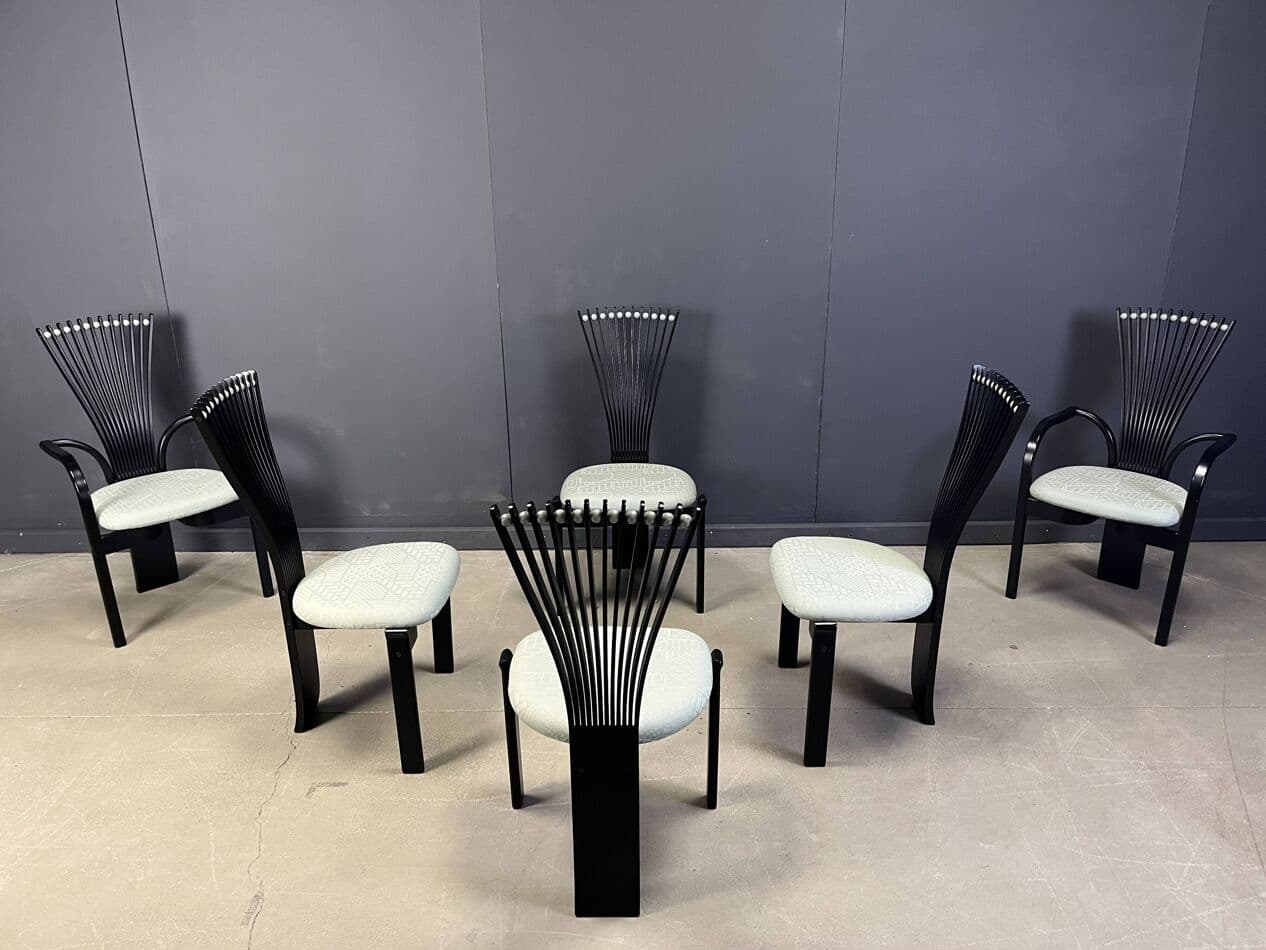 Set of Six Totem Chairs, black wood, mint fabric, Westnofa, Norway, 1980s. - 269692