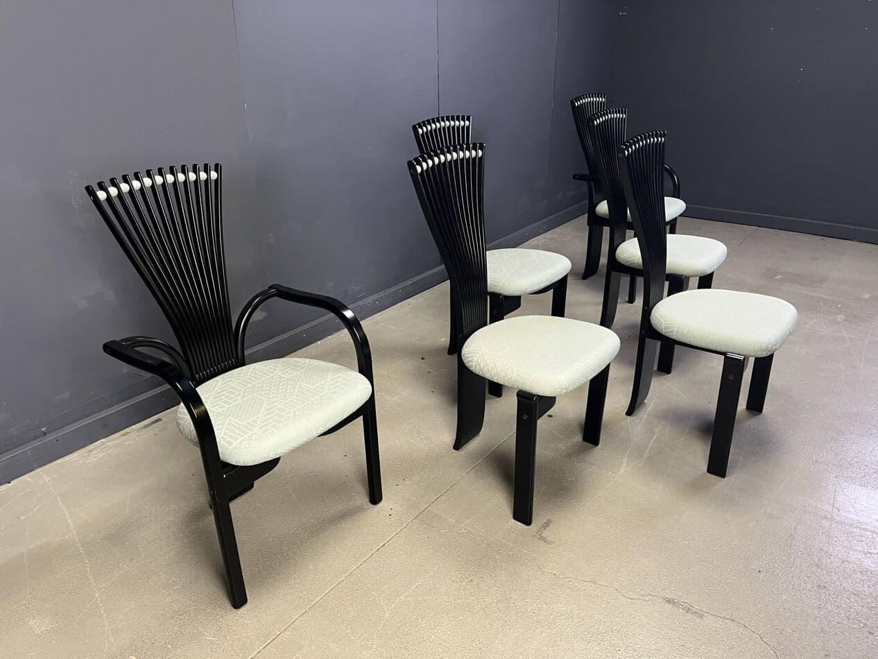 Set of Six Totem Chairs, black wood, mint fabric, Westnofa, Norway, 1980s. - 269699