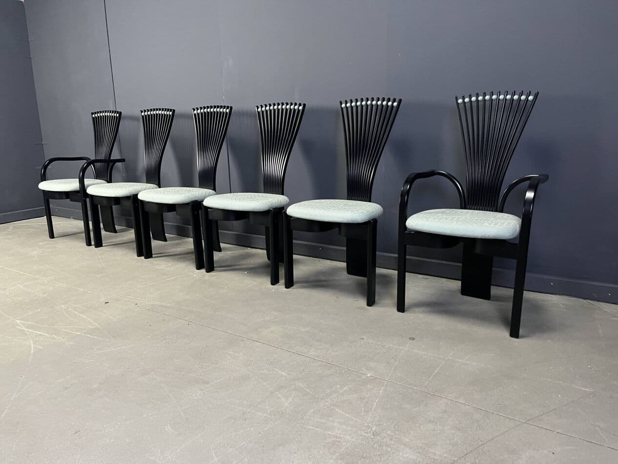 Set of Six Totem Chairs, black wood, mint fabric, Westnofa, Norway, 1980s. - 269690