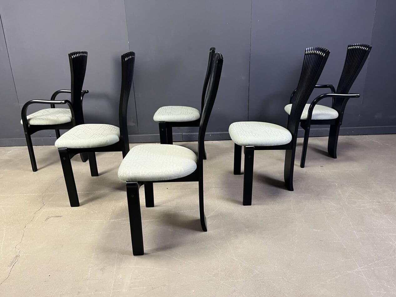 Set of Six Totem Chairs, black wood, mint fabric, Westnofa, Norway, 1980s. - 269696