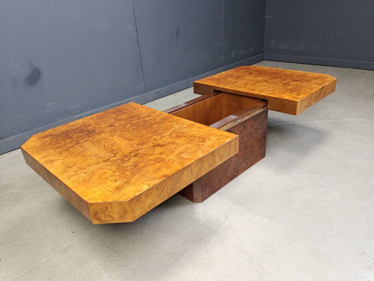 Coffee Table Hollywood Regency, brown burl wood, France, 1970s - 269651