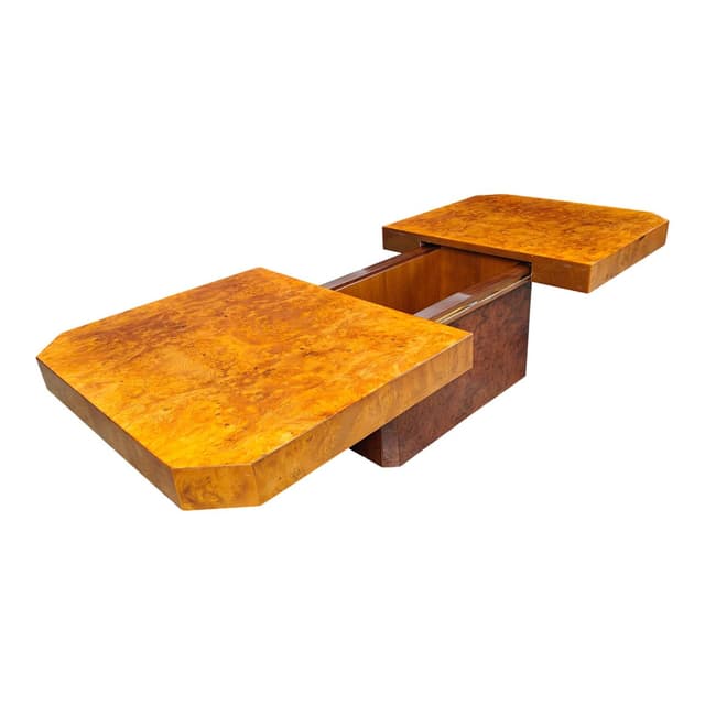 Coffee Table Hollywood Regency, brown burl wood, France, 1970s - DIMENSION