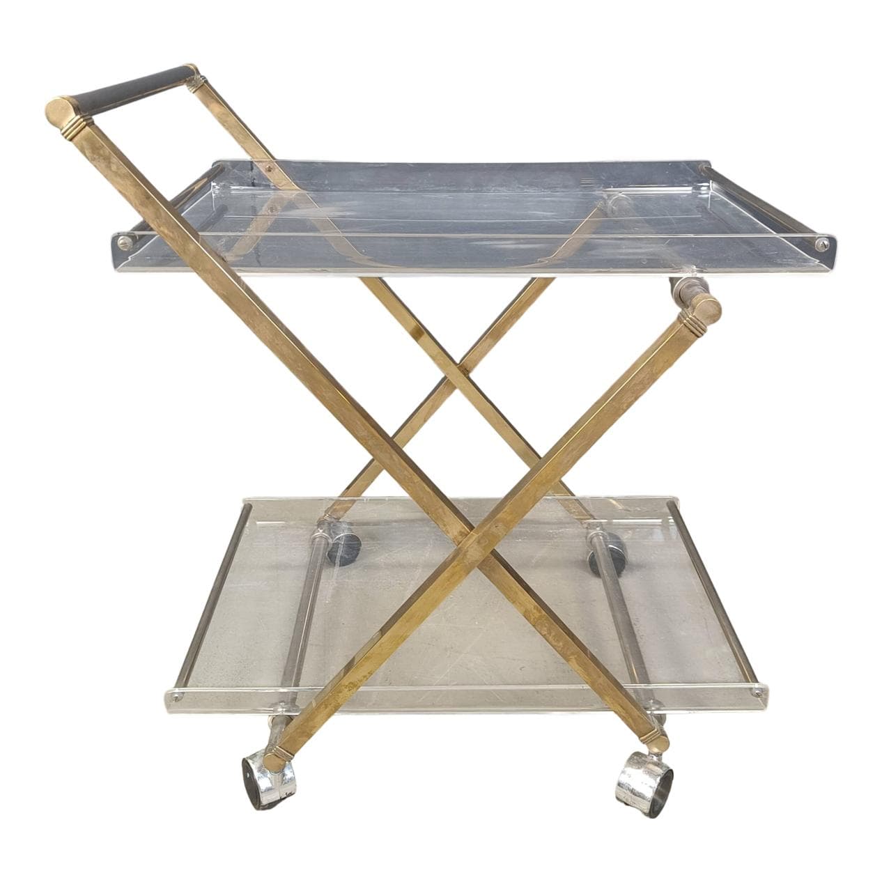 Bar cart, clear lucite, gold brass, France, 1970s