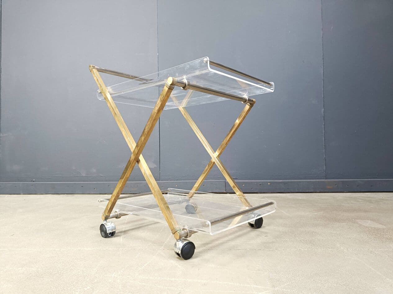 Bar cart, clear lucite, gold brass, France, 1970s - 269643
