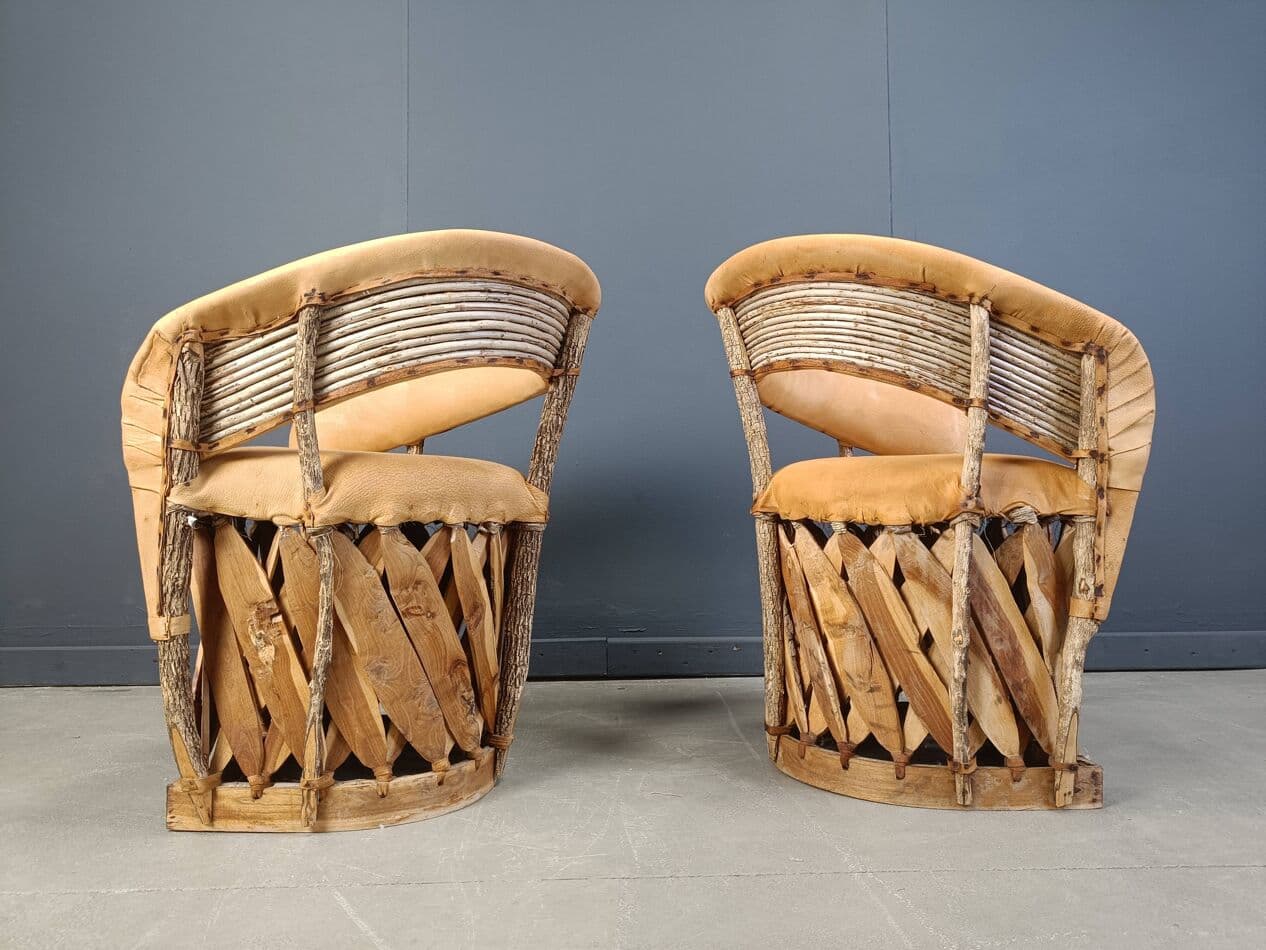 Zestaw sześciu krzeseł jadalnianych Equipale, skóra naturalna beżowa, drewno, Meksyk, lata 70. - 269614