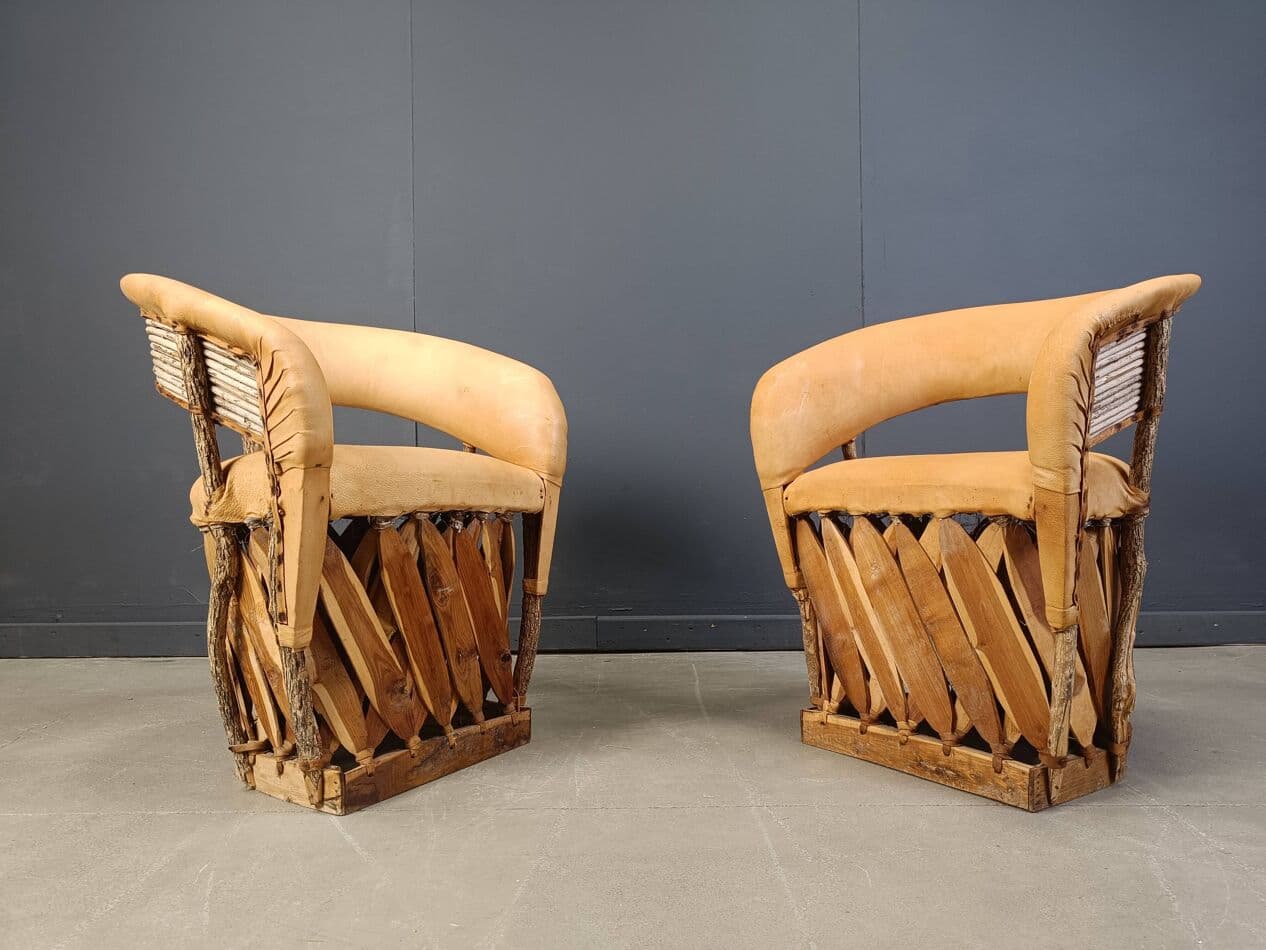 Zestaw sześciu krzeseł jadalnianych Equipale, skóra naturalna beżowa, drewno, Meksyk, lata 70. - 269610