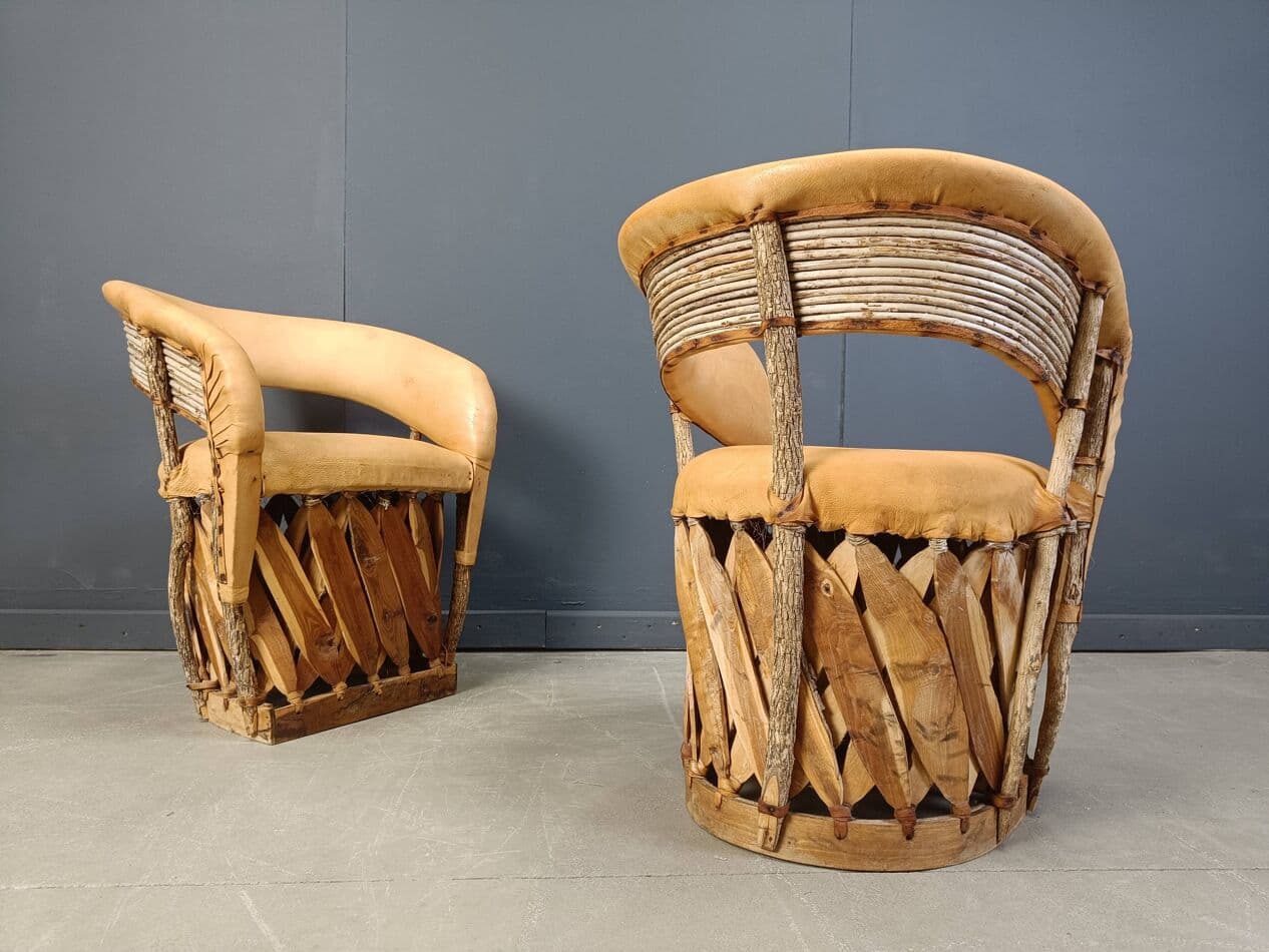 Zestaw sześciu krzeseł jadalnianych Equipale, skóra naturalna beżowa, drewno, Meksyk, lata 70. - 269615