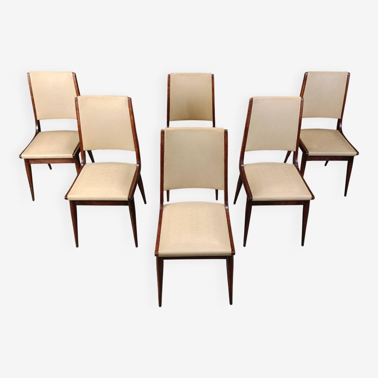 Zestaw sześciu krzeseł jadalnianych, drewno brązowy, skai beżowy, Włochy, lata 50. - 269600