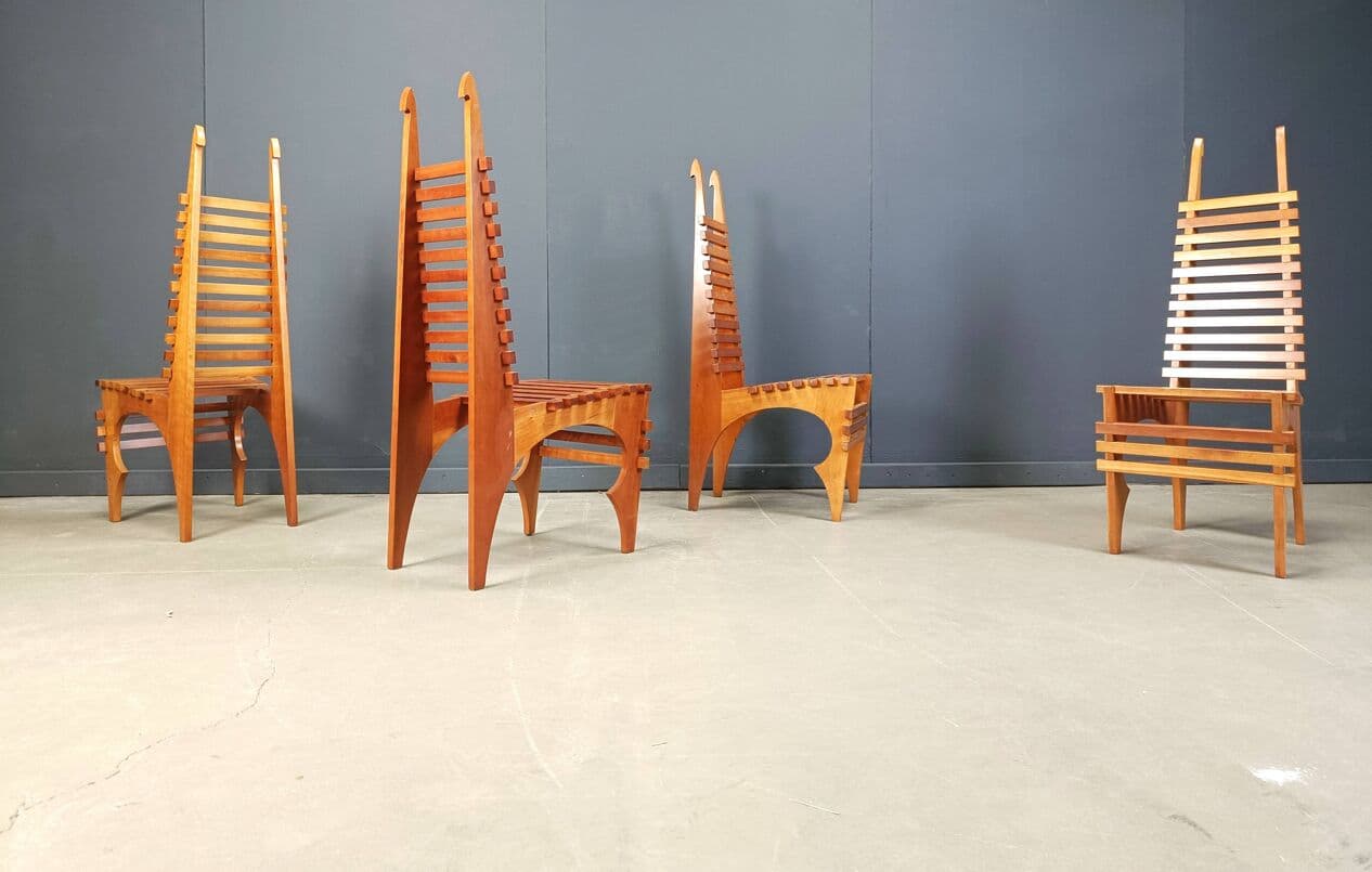 Zestaw ośmiu krzeseł Calcar, brązowy, drewno, proj. B. Lange, Belgia, lata 90. - 273997