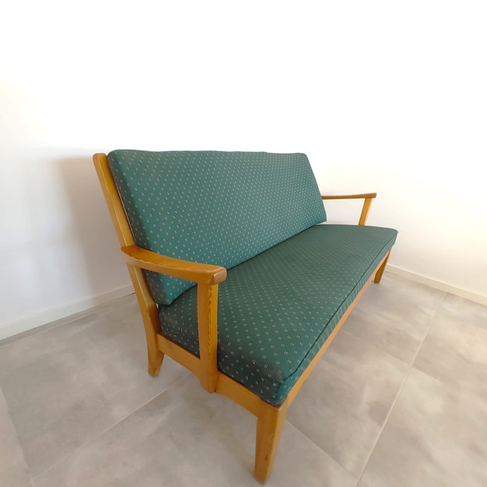 Sofa Stugan, turquoise, beech, by C. Malmsten, OH Sjögren, Sweden, 1960s. - 79296