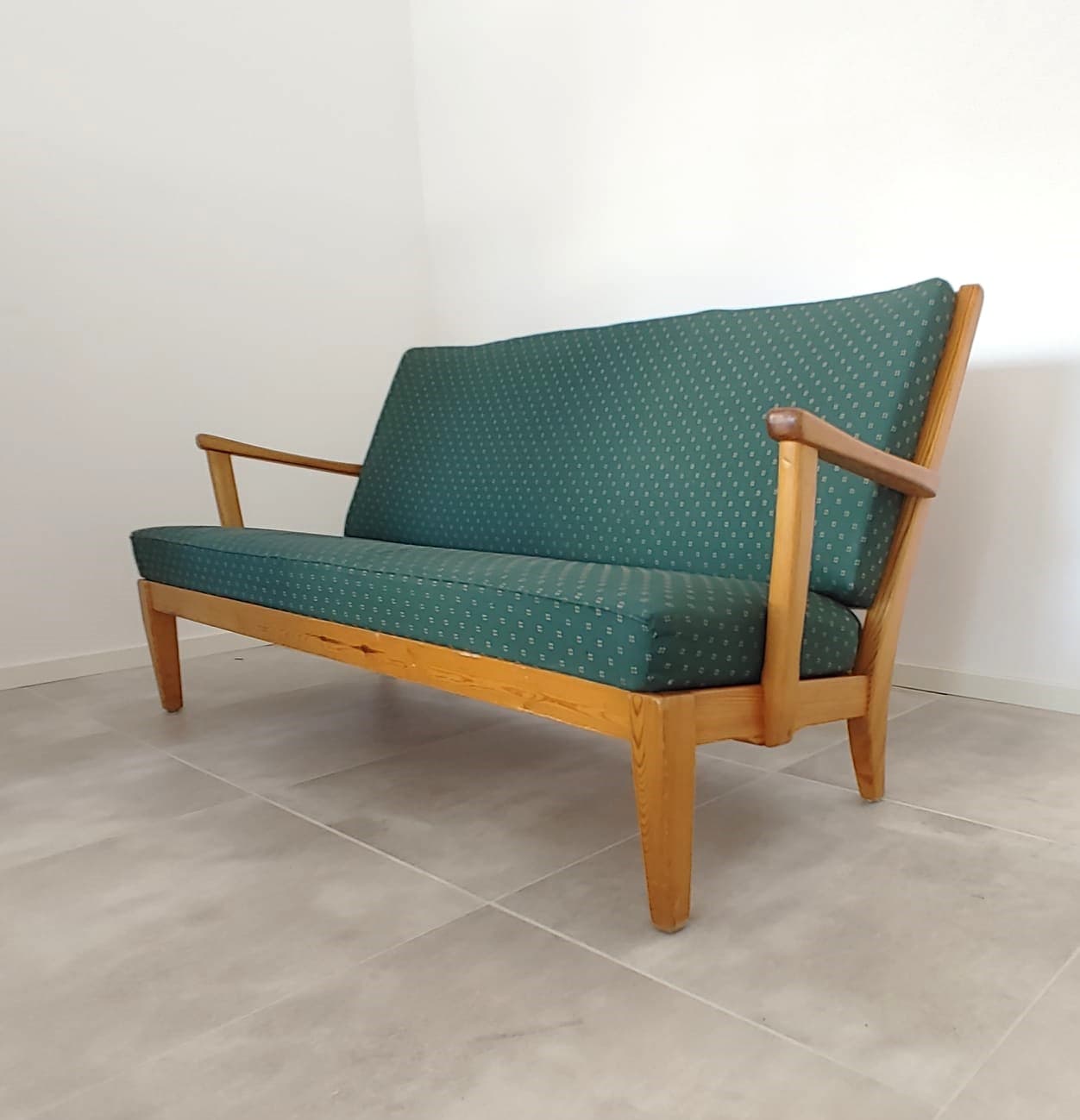 Sofa Stugan, turquoise, beech, by C. Malmsten, OH Sjögren, Sweden, 1960s. - 79299
