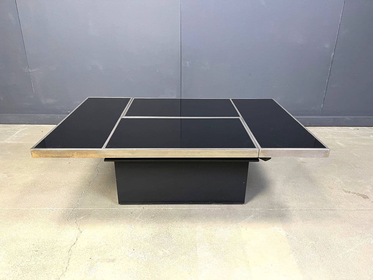 Coffee Table with Bar, black wood, brass, Belgium, 1970s. - 273925