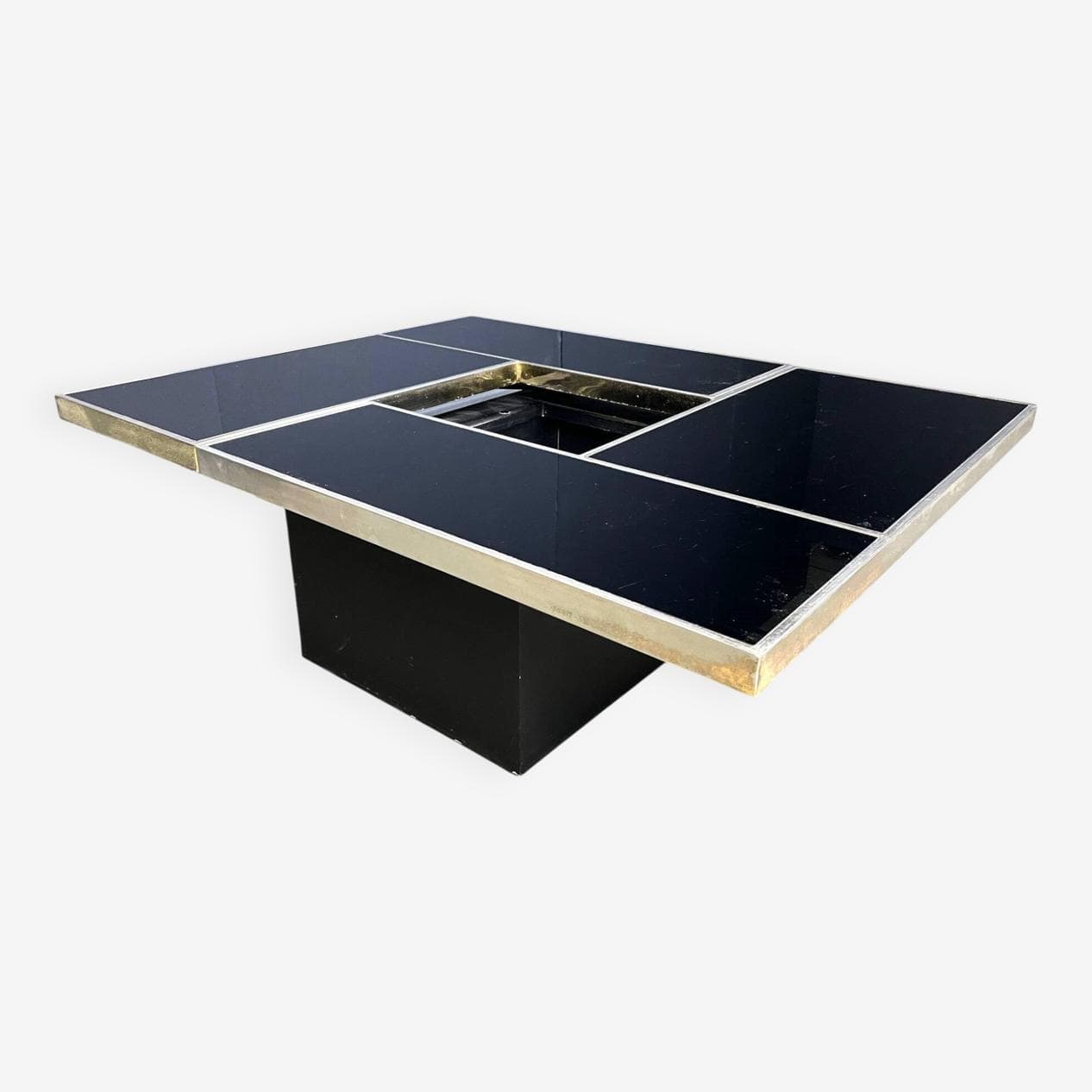Coffee Table with Bar, black wood, brass, Belgium, 1970s. - 273924